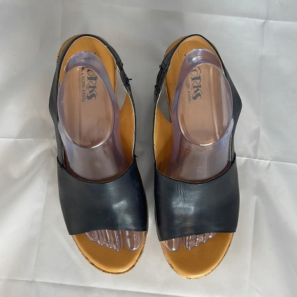 KORK-EASE Cork Wedge Sling-backs Navy Blue Leather Platform Open Toe Size 10 - Picture 5 of 13